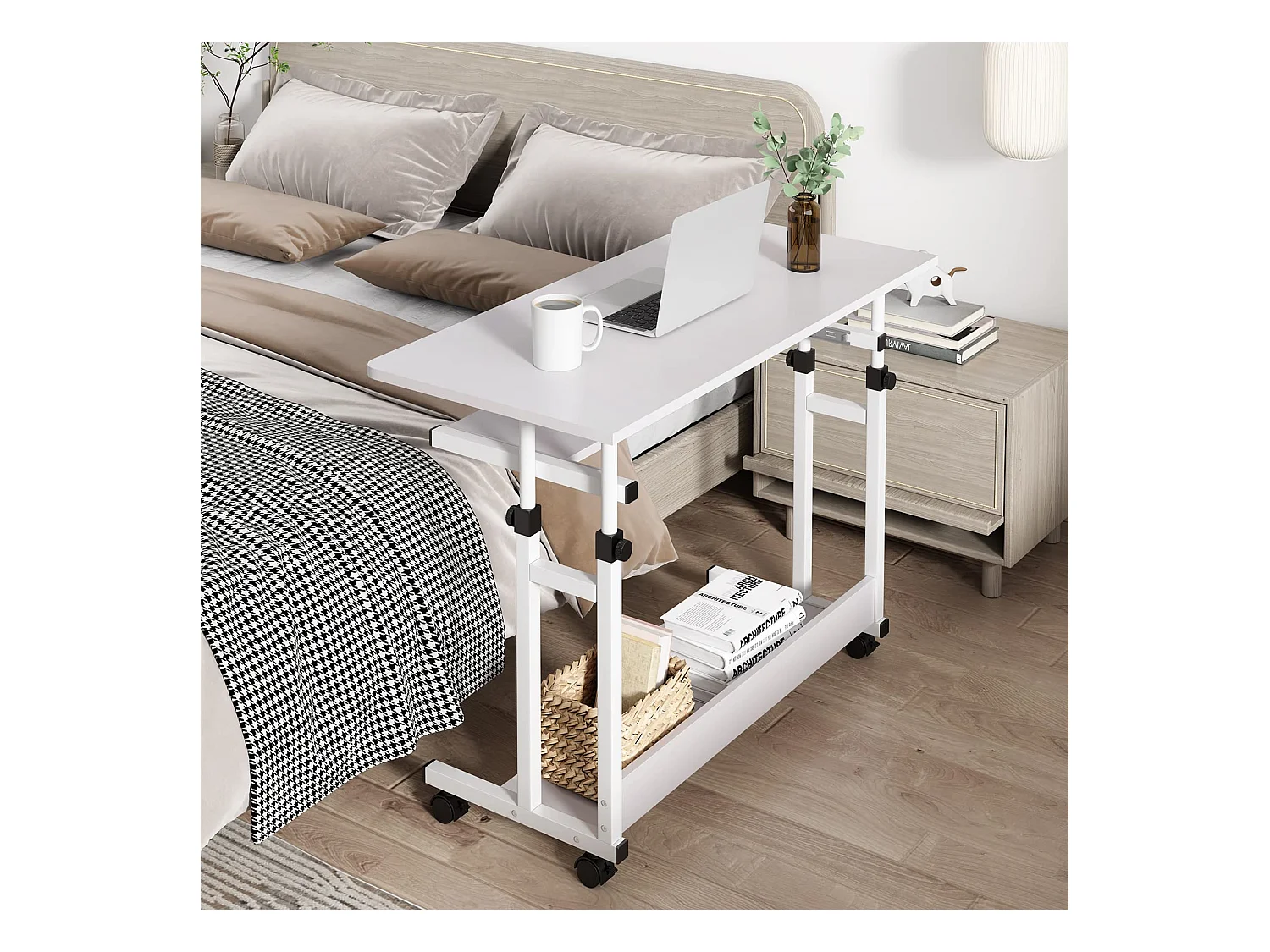 Table Appoint Roulette 80x45cm, Table Bureau d'Ordinateur Mobile Reglable Hauteur de 69 à 90cm avec roulettes, 2 Etagères de Rangement, Ideal pour Bureau Lit Canapé