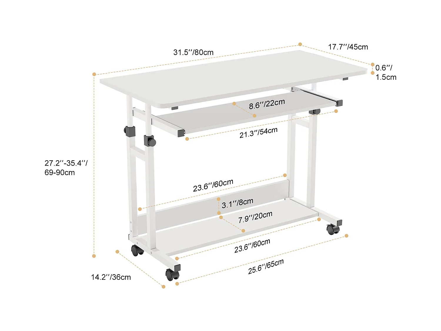 Table Appoint Roulette 80x45cm, Table Bureau d'Ordinateur Mobile Reglable Hauteur de 69 à 90cm avec roulettes, 2 Etagères de Rangement, Ideal pour Bureau Lit Canapé