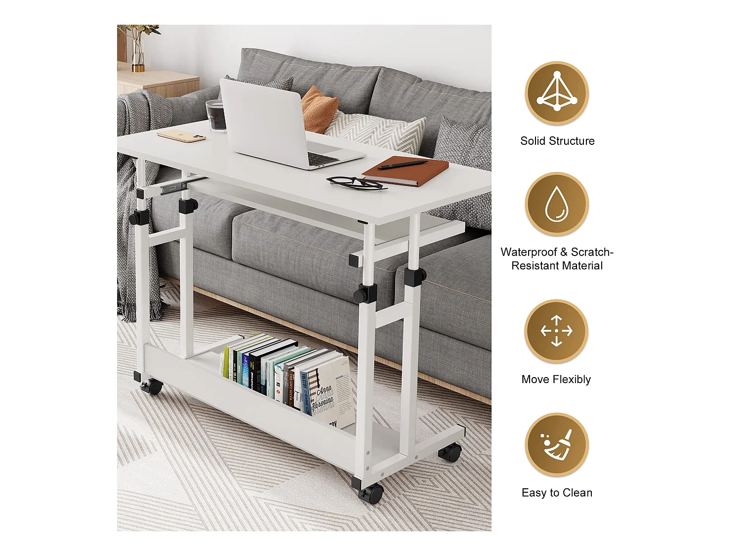 Table Appoint Roulette 80x45cm, Table Bureau d'Ordinateur Mobile Reglable Hauteur de 69 à 90cm avec roulettes, 2 Etagères de Rangement, Ideal pour Bureau Lit Canapé