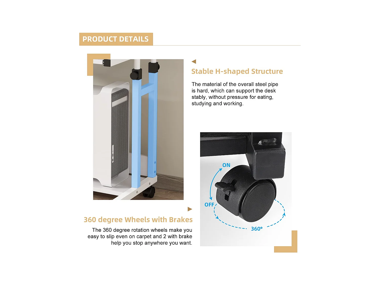 Table Appoint Roulette 80x45cm, Table Bureau d'Ordinateur Mobile Reglable Hauteur de 69 à 90cm avec roulettes, 2 Etagères de Rangement, Ideal pour Bureau Lit Canapé