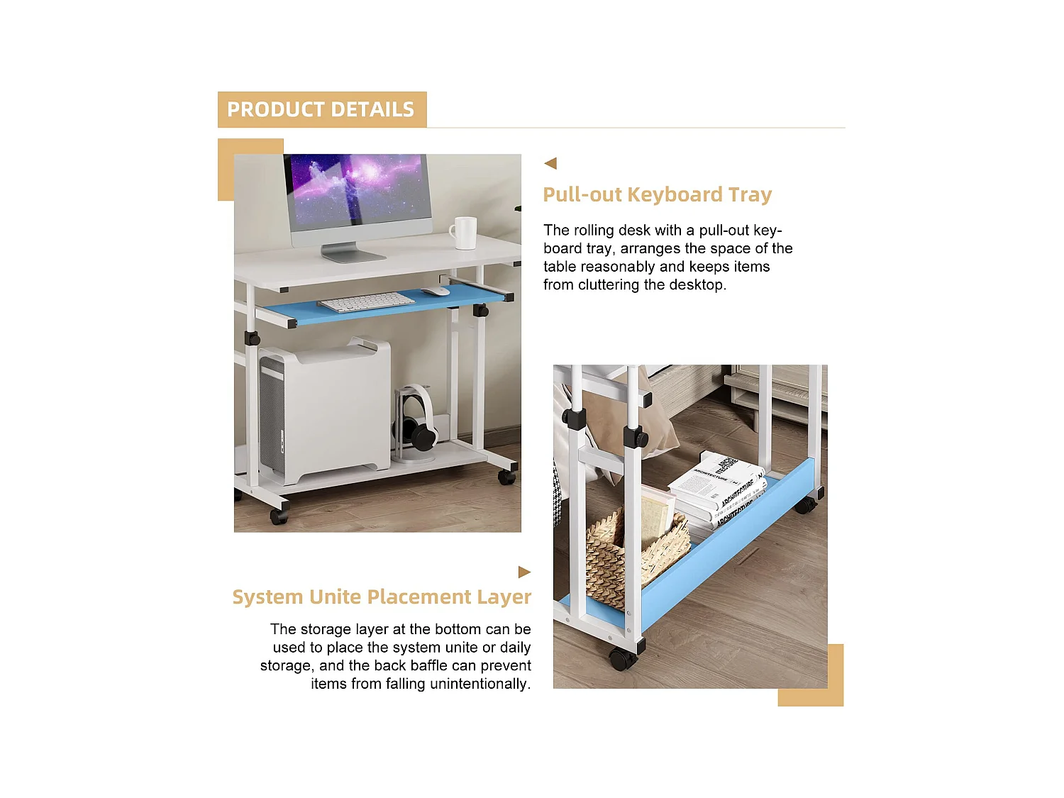 Table Appoint Roulette 80x45cm, Table Bureau d'Ordinateur Mobile Reglable Hauteur de 69 à 90cm avec roulettes, 2 Etagères de Rangement, Ideal pour Bureau Lit Canapé