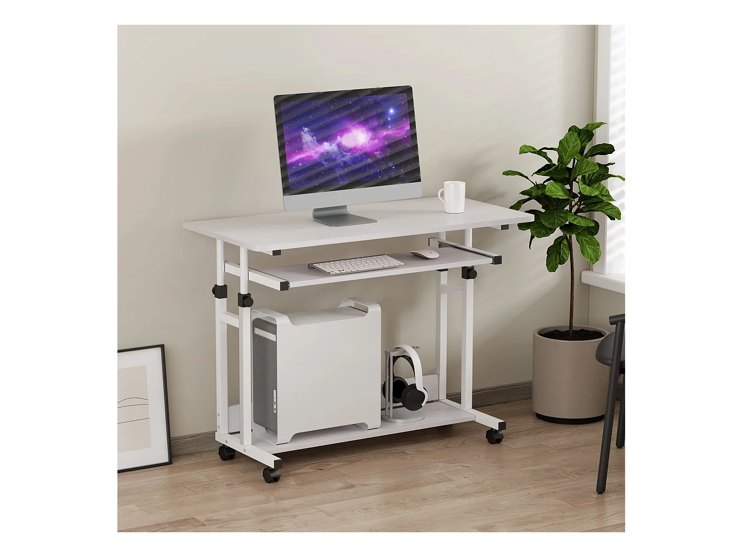 Table Appoint Roulette 80x45cm, Table Bureau d'Ordinateur Mobile Reglable Hauteur de 69 à 90cm avec roulettes, 2 Etagères de Rangement, Ideal pour Bureau Lit Canapé