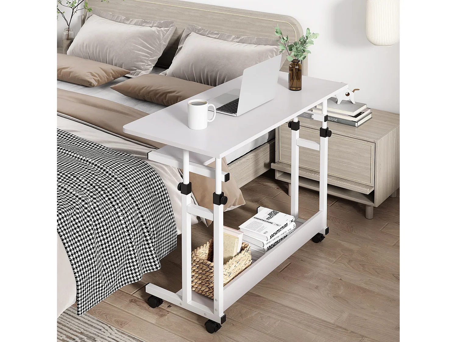 Table Appoint Roulette 80x45cm, Table Bureau d'Ordinateur Mobile Reglable Hauteur de 69 à 90cm avec roulettes, 2 Etagères de Rangement, Ideal pour Bureau Lit Canapé