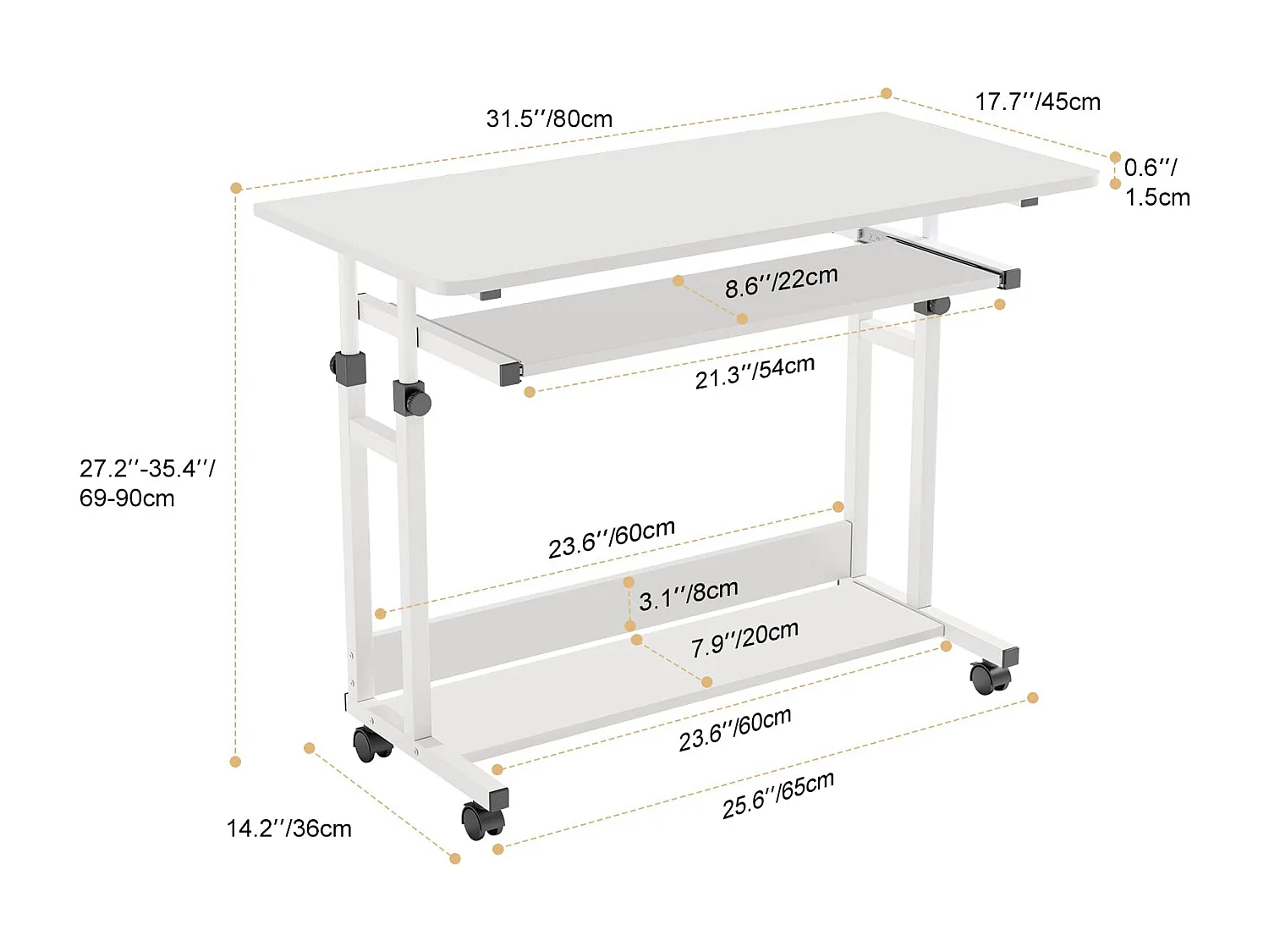 Table Appoint Roulette 80x45cm, Table Bureau d'Ordinateur Mobile Reglable Hauteur de 69 à 90cm avec roulettes, 2 Etagères de Rangement, Ideal pour Bureau Lit Canapé