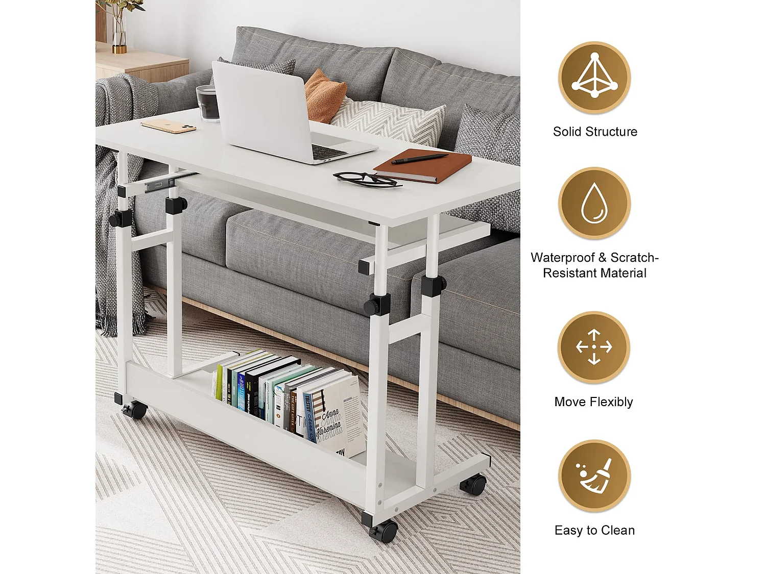 Table Appoint Roulette 80x45cm, Table Bureau d'Ordinateur Mobile Reglable Hauteur de 69 à 90cm avec roulettes, 2 Etagères de Rangement, Ideal pour Bureau Lit Canapé