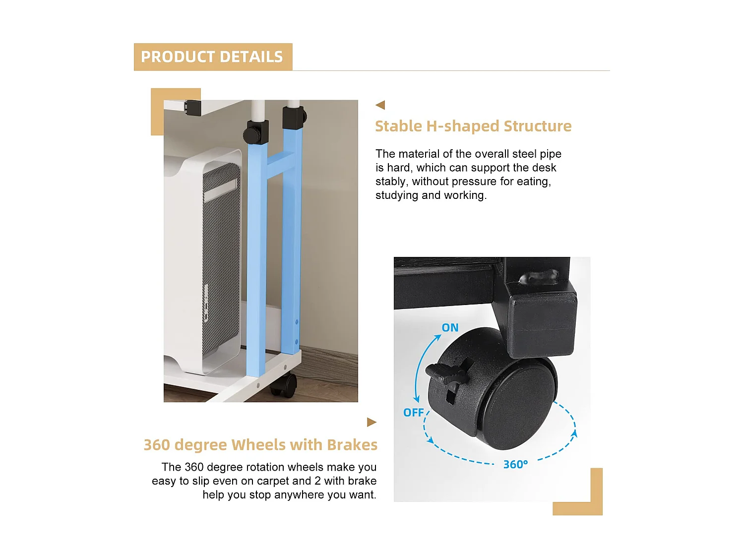 Table Appoint Roulette 80x45cm, Table Bureau d'Ordinateur Mobile Reglable Hauteur de 69 à 90cm avec roulettes, 2 Etagères de Rangement, Ideal pour Bureau Lit Canapé