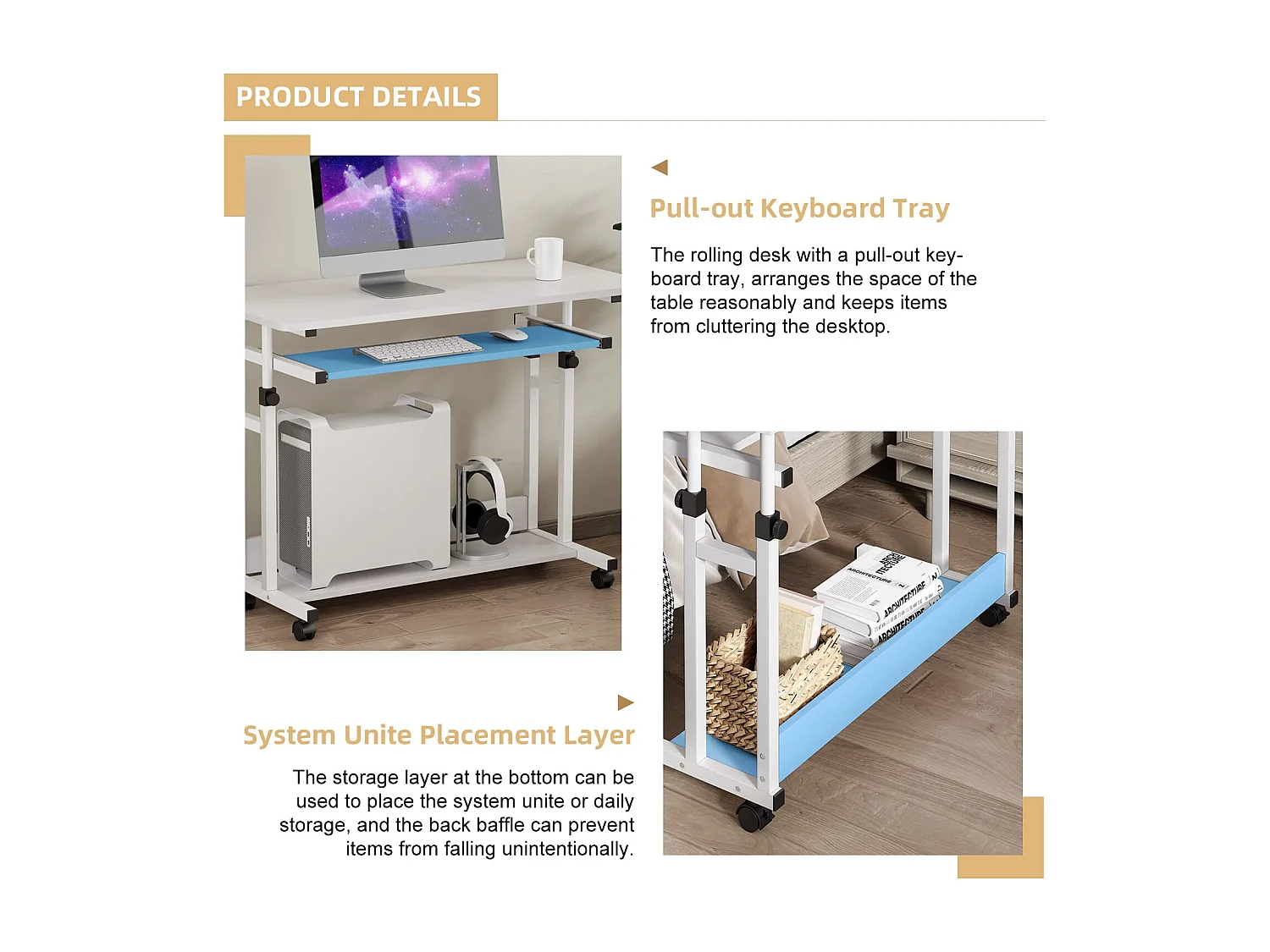 Table Appoint Roulette 80x45cm, Table Bureau d'Ordinateur Mobile Reglable Hauteur de 69 à 90cm avec roulettes, 2 Etagères de Rangement, Ideal pour Bureau Lit Canapé