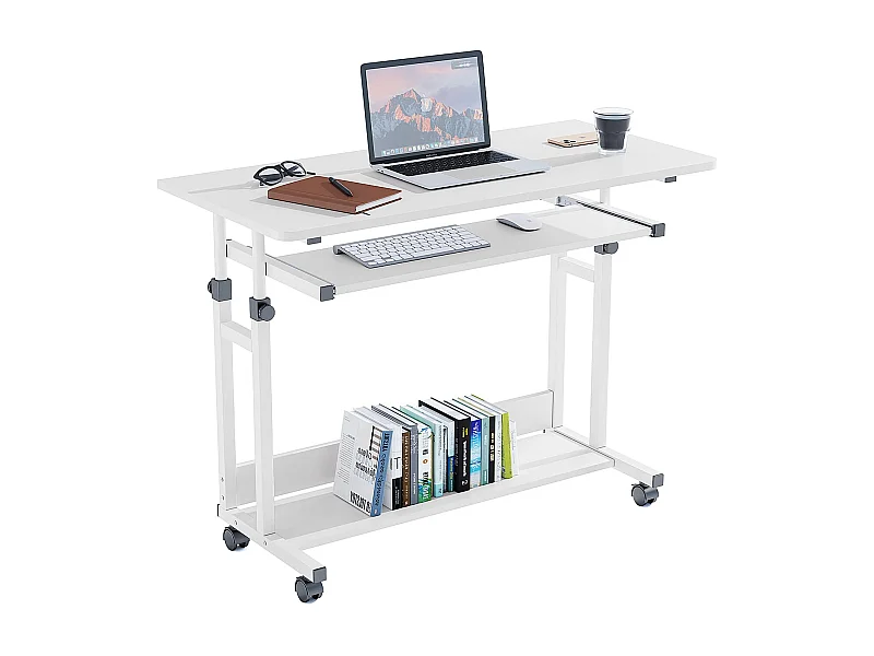 Table Appoint Roulette 80x45cm, Table Bureau d'Ordinateur Mobile Reglable Hauteur de 69 à 90cm avec roulettes, 2 Etagères de Rangement, Ideal pour Bureau Lit Canapé
