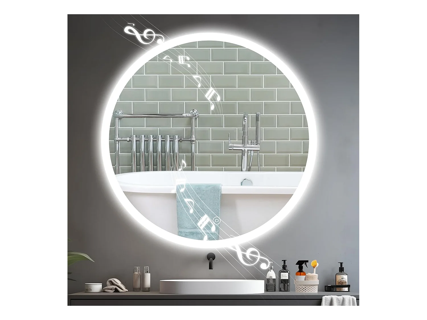 Miroir de Bain Rond YOLEO avec Éclairage et Haut-parleur Bluetooth, Miroir Mural à Commande Tactile et Verre Sécurit, 3 Couleurs de Lumière Réglables, 70 x 70 cm