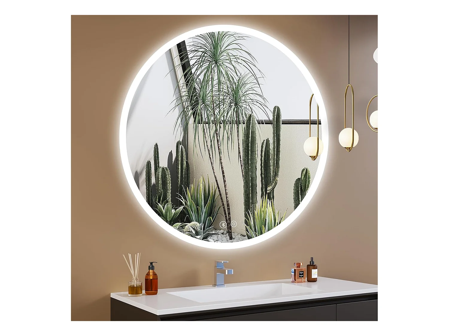 Miroir de Bain Rond YOLEO avec Éclairage et Haut-parleur Bluetooth, Miroir Mural à Commande Tactile et Verre Sécurit, 3 Couleurs de Lumière Réglables, 70 x 70 cm