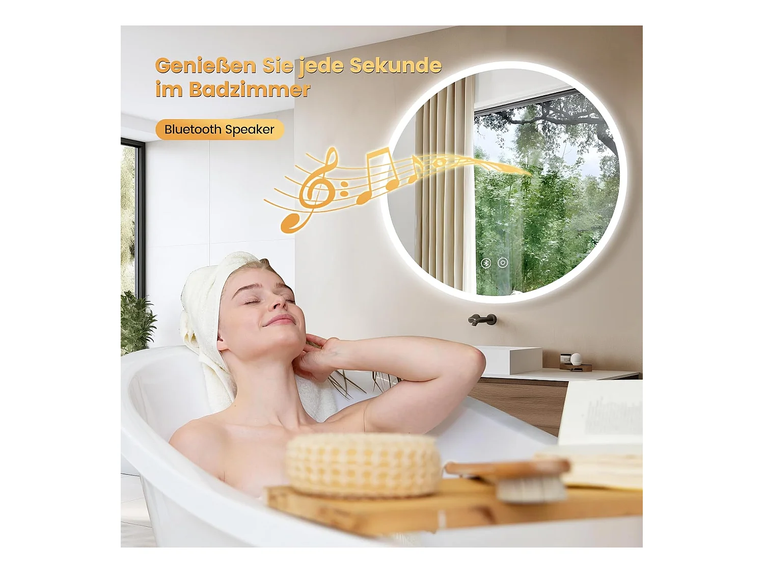 Ronde Badkamerspiegel YOLEO met Verlichting en Bluetooth Speaker, Wandspiegel met Touchschakelaar en Veiligheidsglas, 3 Instelbare Lichtkleuren, 70 x 70 cm