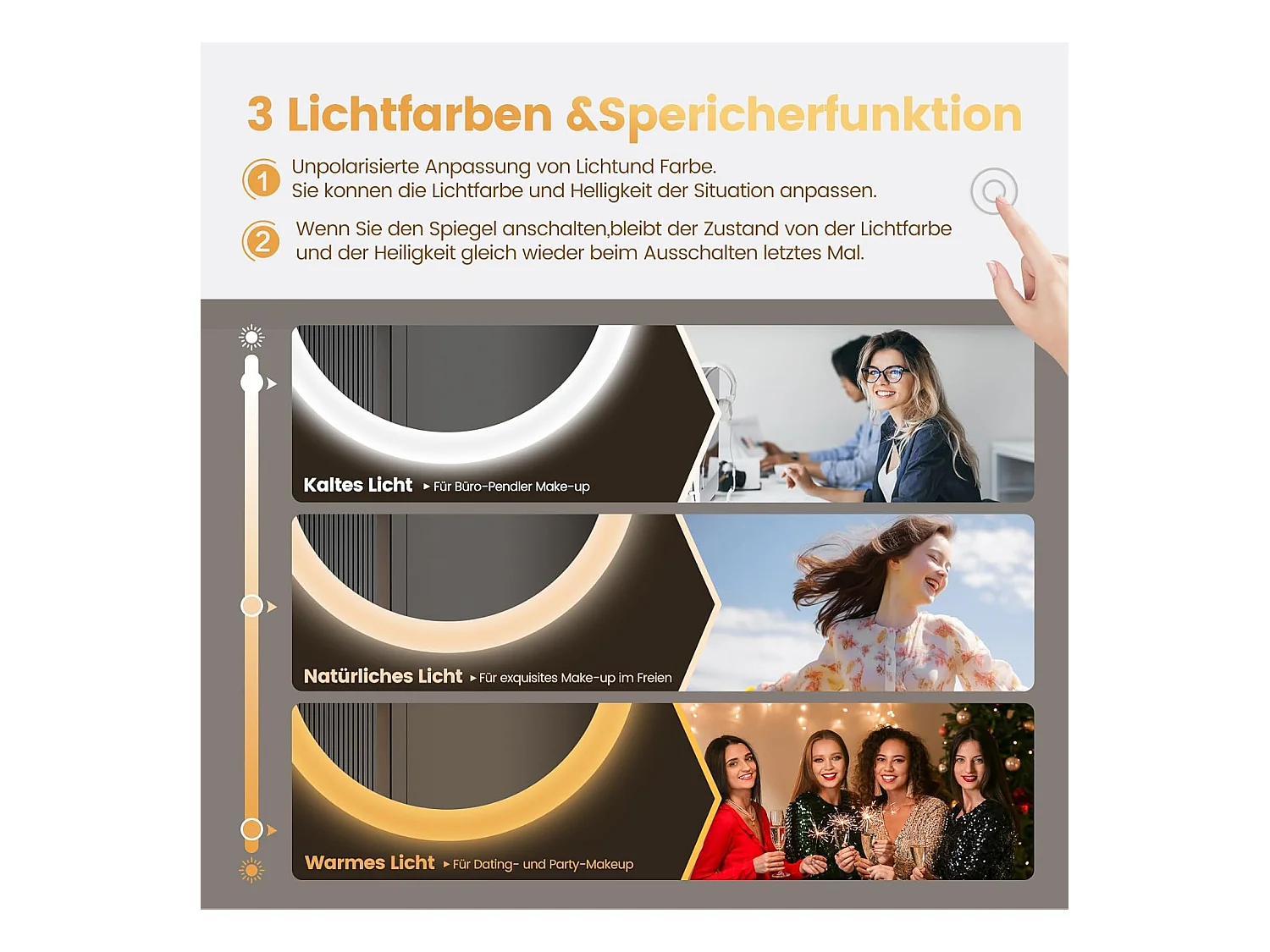 Ronde Badkamerspiegel YOLEO met Verlichting en Bluetooth Speaker, Wandspiegel met Touchschakelaar en Veiligheidsglas, 3 Instelbare Lichtkleuren, 70 x 70 cm