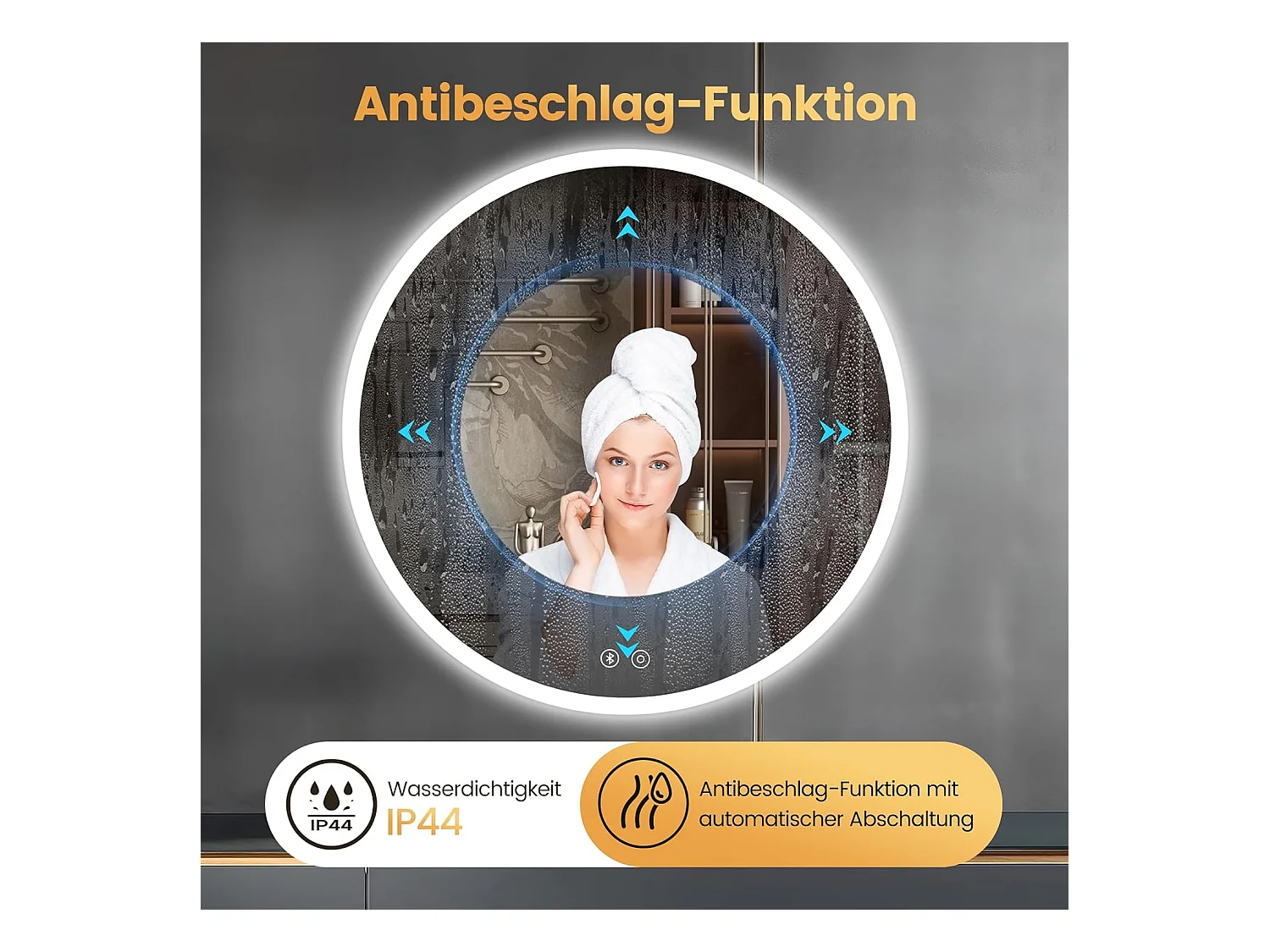 Ronde Badkamerspiegel YOLEO met Verlichting en Bluetooth Speaker, Wandspiegel met Touchschakelaar en Veiligheidsglas, 3 Instelbare Lichtkleuren, 70 x 70 cm