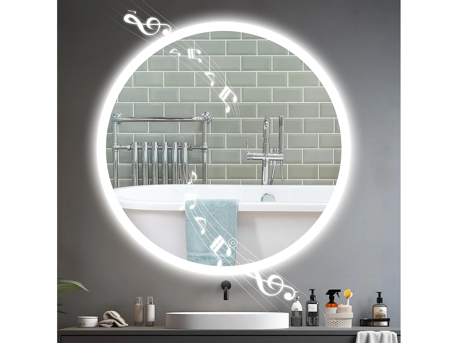 Miroir de Bain Rond YOLEO avec Éclairage et Haut-parleur Bluetooth, Miroir Mural à Commande Tactile et Verre Sécurit, 3 Couleurs de Lumière Réglables, 70 x 70 cm