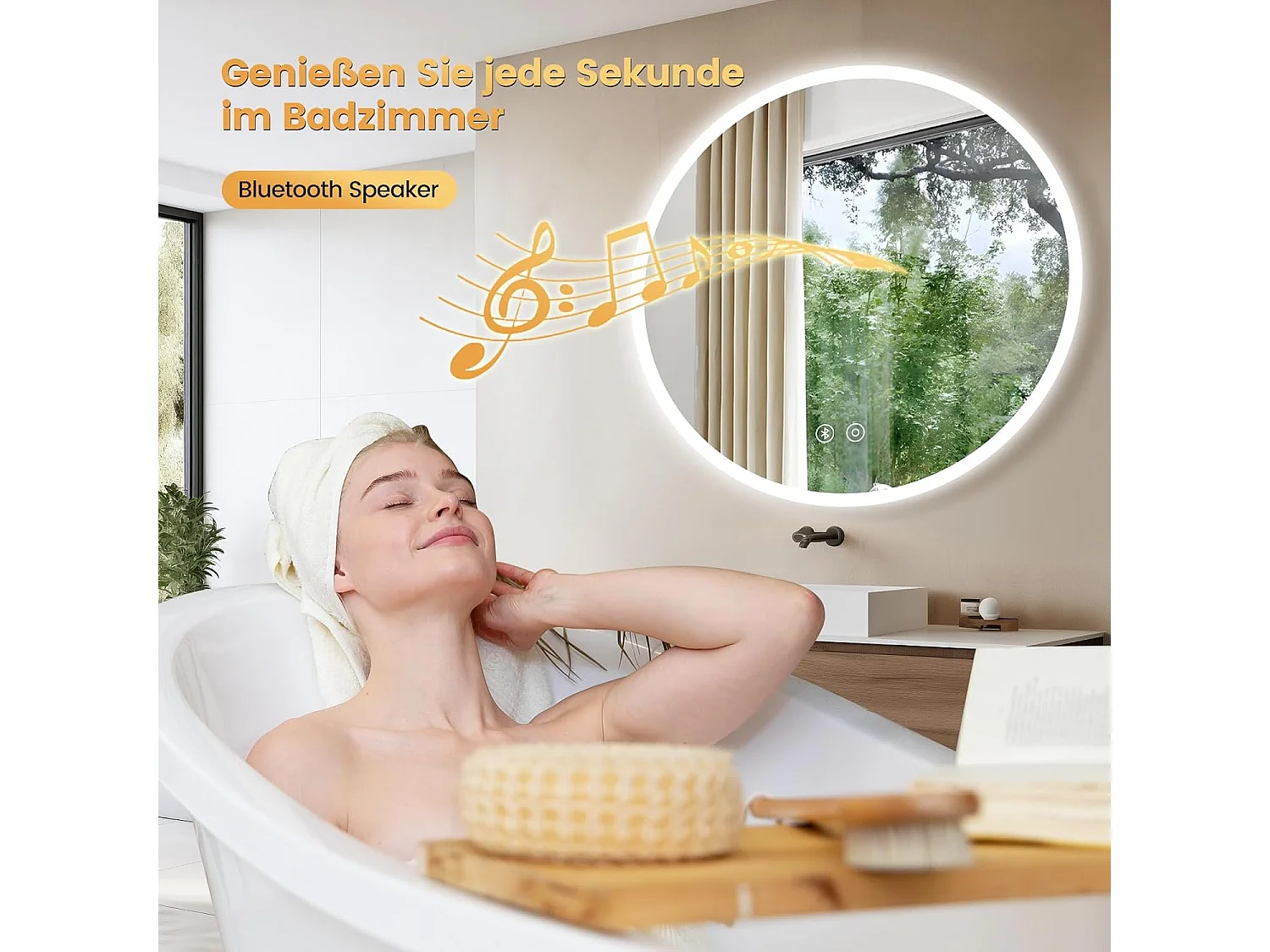 Miroir de Bain Rond YOLEO avec Éclairage et Haut-parleur Bluetooth, Miroir Mural à Commande Tactile et Verre Sécurit, 3 Couleurs de Lumière Réglables, 70 x 70 cm