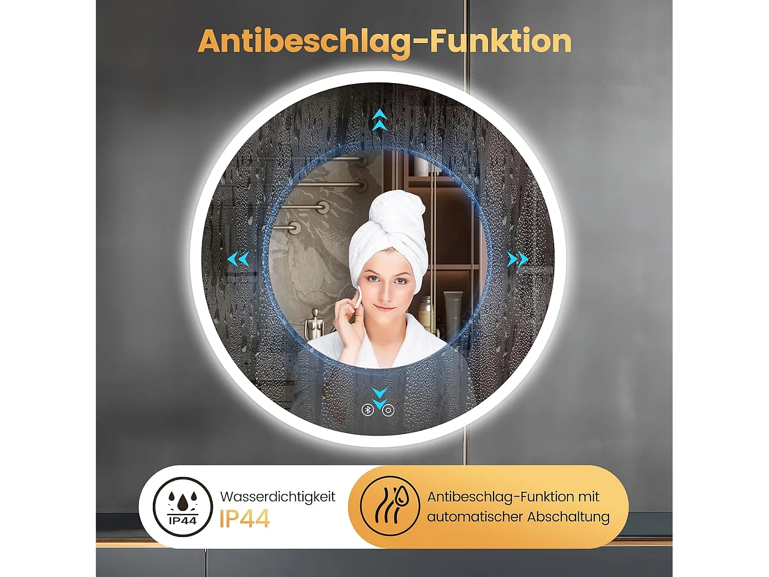 Miroir de Bain Rond YOLEO avec Éclairage et Haut-parleur Bluetooth, Miroir Mural à Commande Tactile et Verre Sécurit, 3 Couleurs de Lumière Réglables, 70 x 70 cm