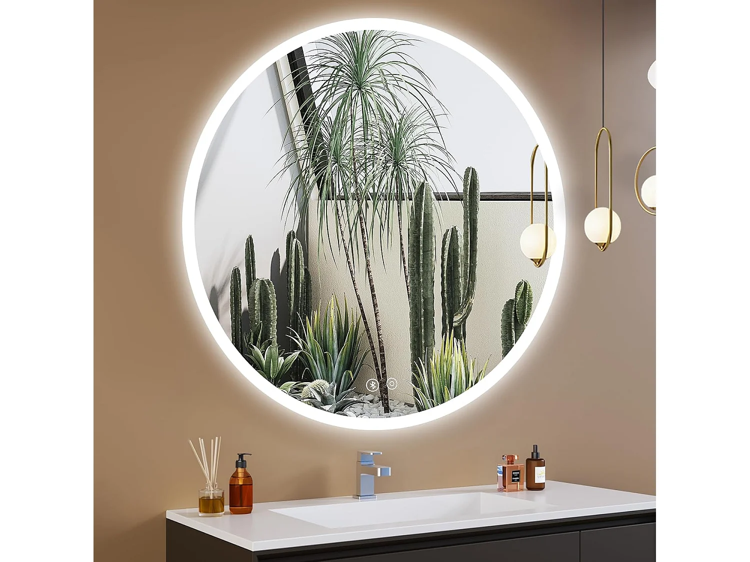 Miroir de Bain Rond YOLEO avec Éclairage et Haut-parleur Bluetooth, Miroir Mural à Commande Tactile et Verre Sécurit, 3 Couleurs de Lumière Réglables, 70 x 70 cm