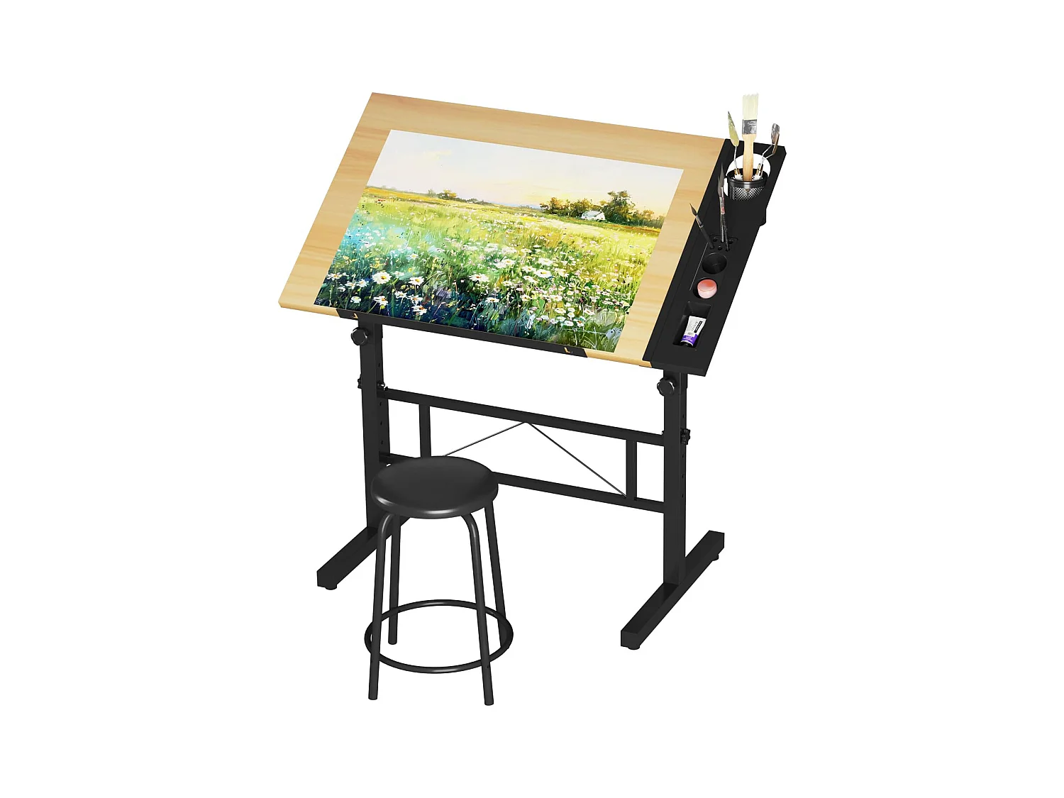 Houten kantelbare tekentafel met verstelbaar bureau van 0°-60° en kruk, ideaal voor tekenaar, architect, schilder of ingenieur, moderne stijl