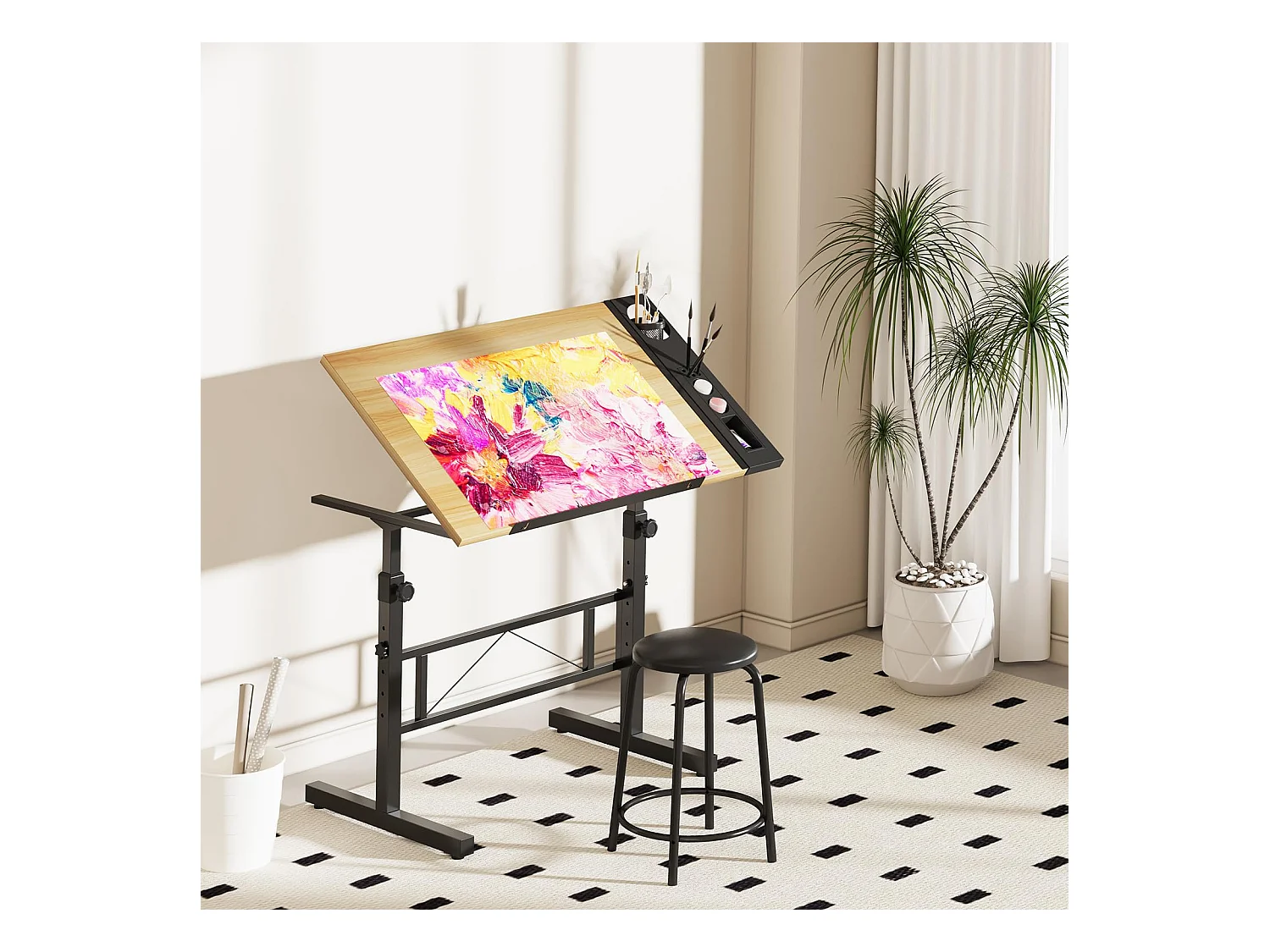 Houten kantelbare tekentafel met verstelbaar bureau van 0°-60° en kruk, ideaal voor tekenaar, architect, schilder of ingenieur, moderne stijl