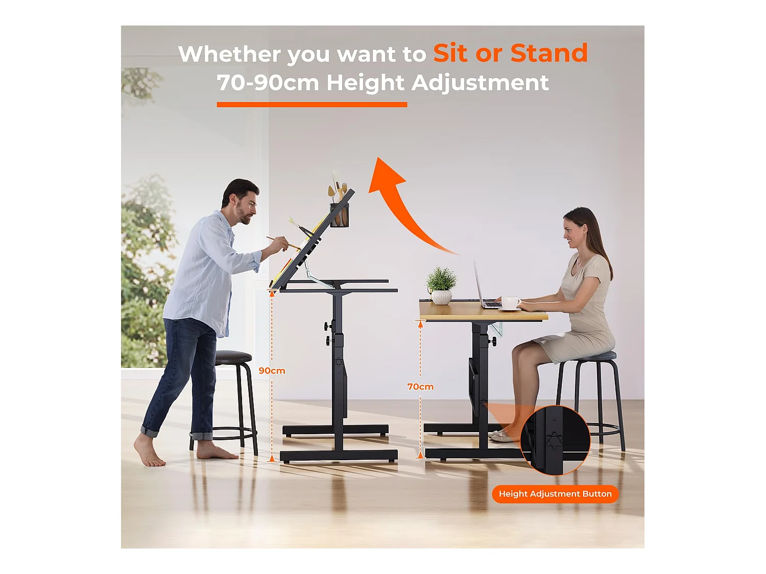 Houten kantelbare tekentafel met verstelbaar bureau van 0°-60° en kruk, ideaal voor tekenaar, architect, schilder of ingenieur, moderne stijl