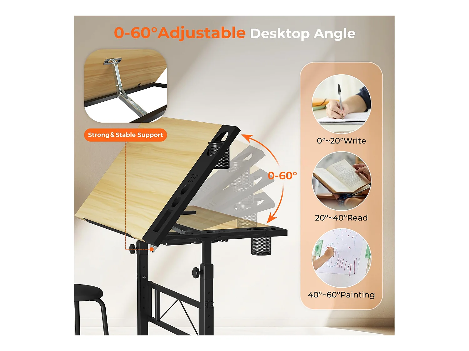 Houten kantelbare tekentafel met verstelbaar bureau van 0°-60° en kruk, ideaal voor tekenaar, architect, schilder of ingenieur, moderne stijl