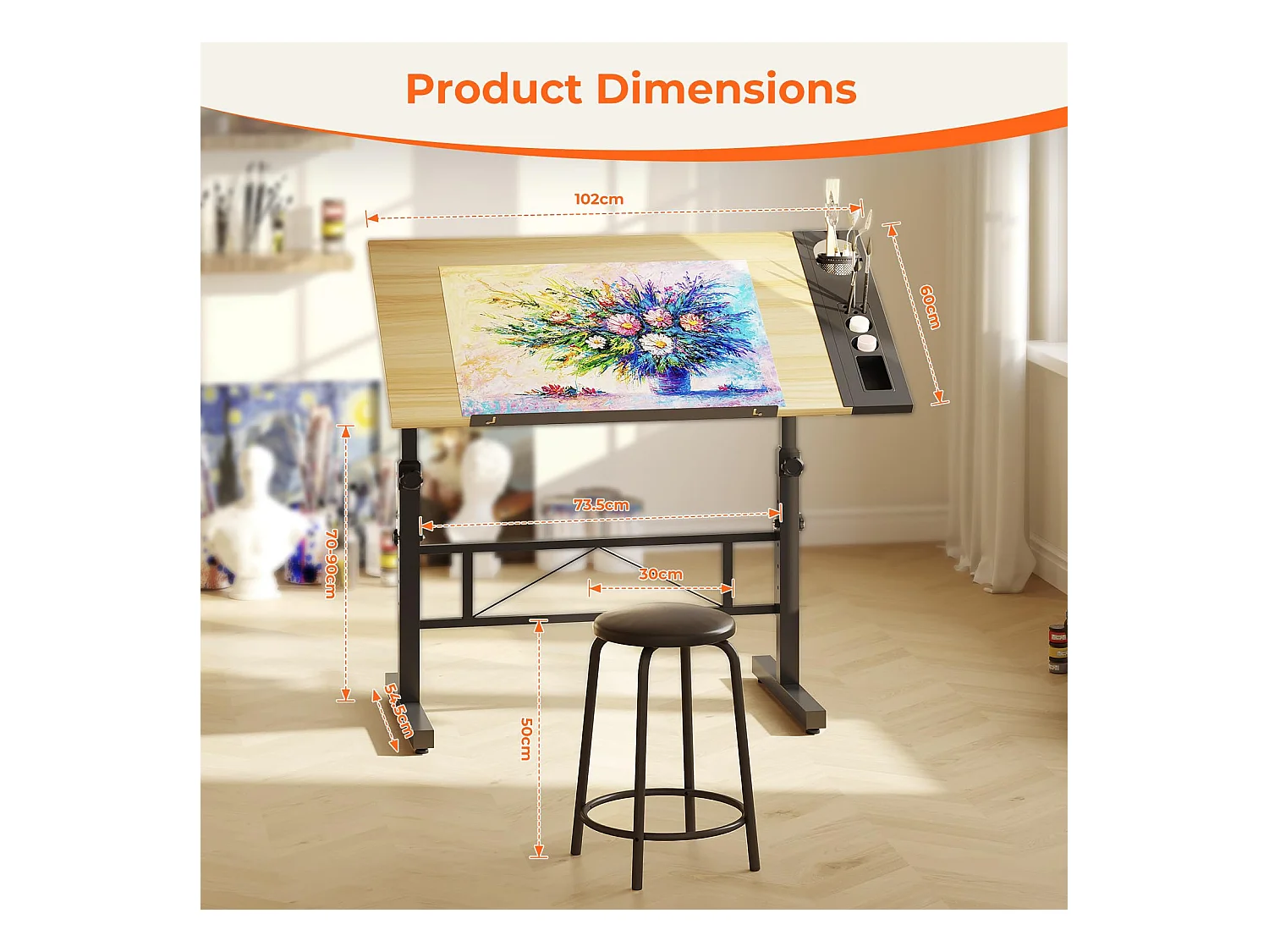 Houten kantelbare tekentafel met verstelbaar bureau van 0°-60° en kruk, ideaal voor tekenaar, architect, schilder of ingenieur, moderne stijl