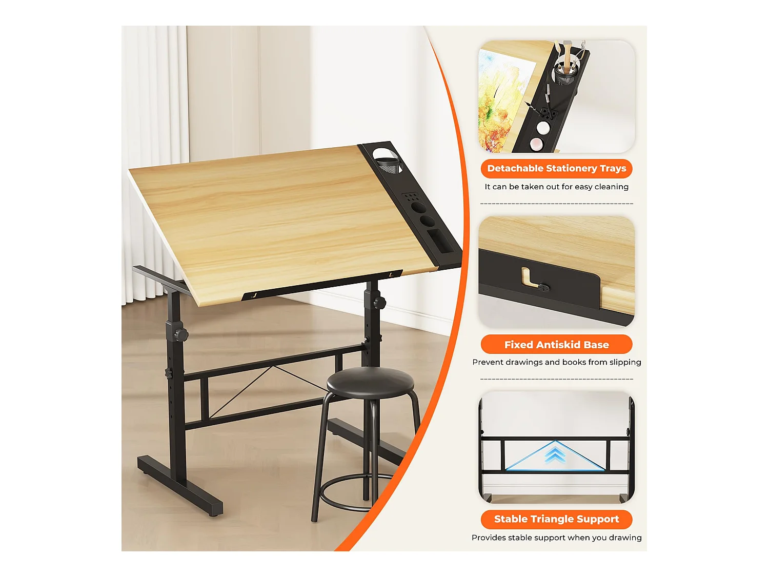 Houten kantelbare tekentafel met verstelbaar bureau van 0°-60° en kruk, ideaal voor tekenaar, architect, schilder of ingenieur, moderne stijl