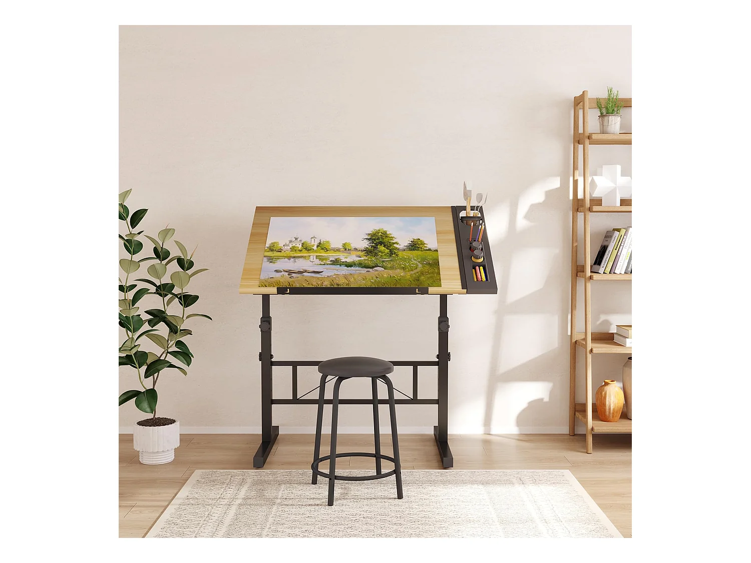 Houten kantelbare tekentafel met verstelbaar bureau van 0°-60° en kruk, ideaal voor tekenaar, architect, schilder of ingenieur, moderne stijl