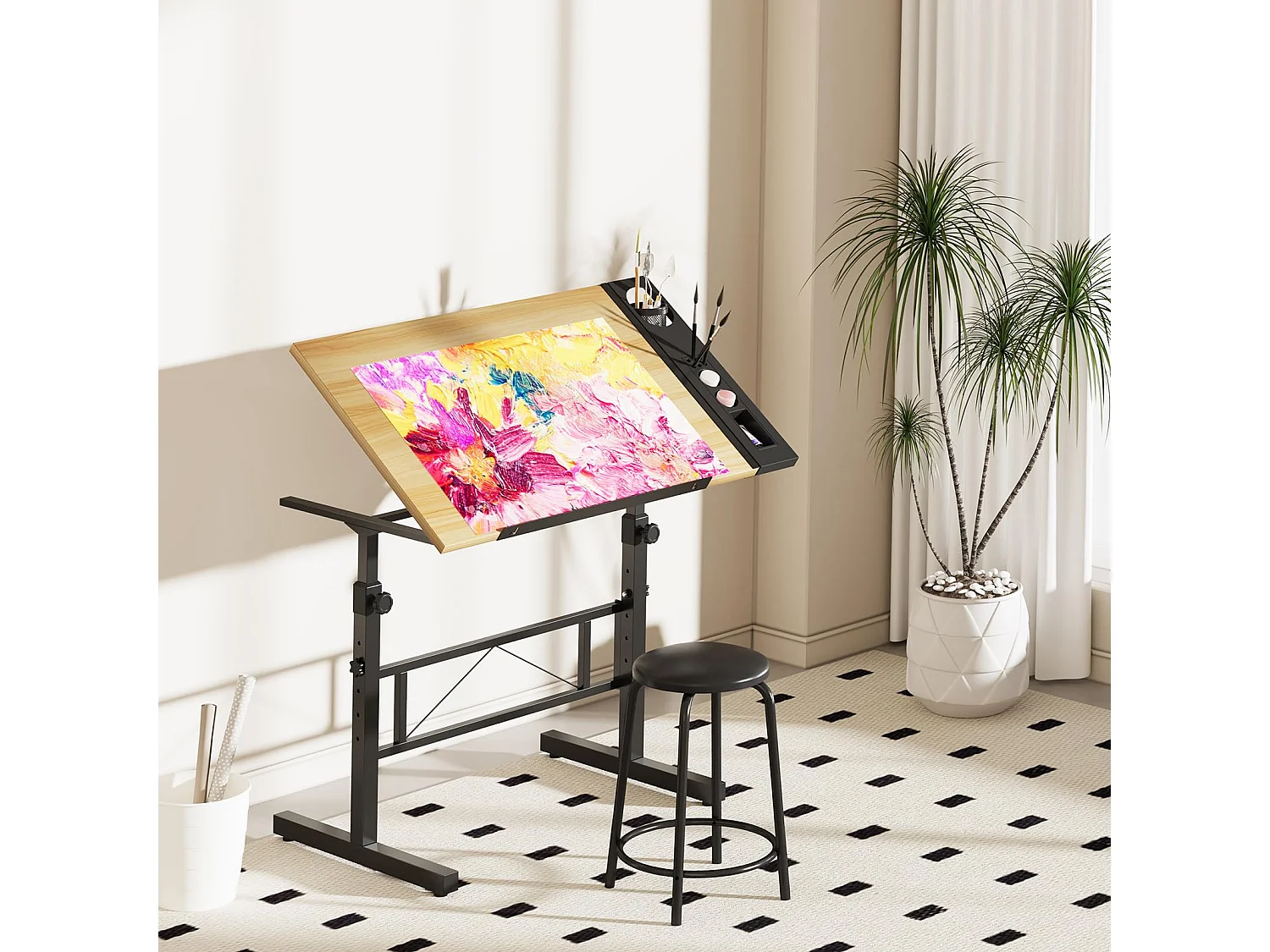 Houten kantelbare tekentafel met verstelbaar bureau van 0°-60° en kruk, ideaal voor tekenaar, architect, schilder of ingenieur, moderne stijl