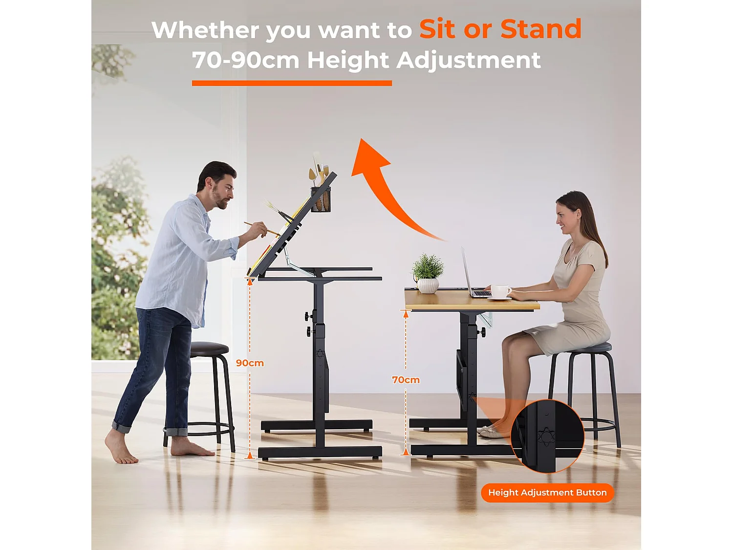 Houten kantelbare tekentafel met verstelbaar bureau van 0°-60° en kruk, ideaal voor tekenaar, architect, schilder of ingenieur, moderne stijl