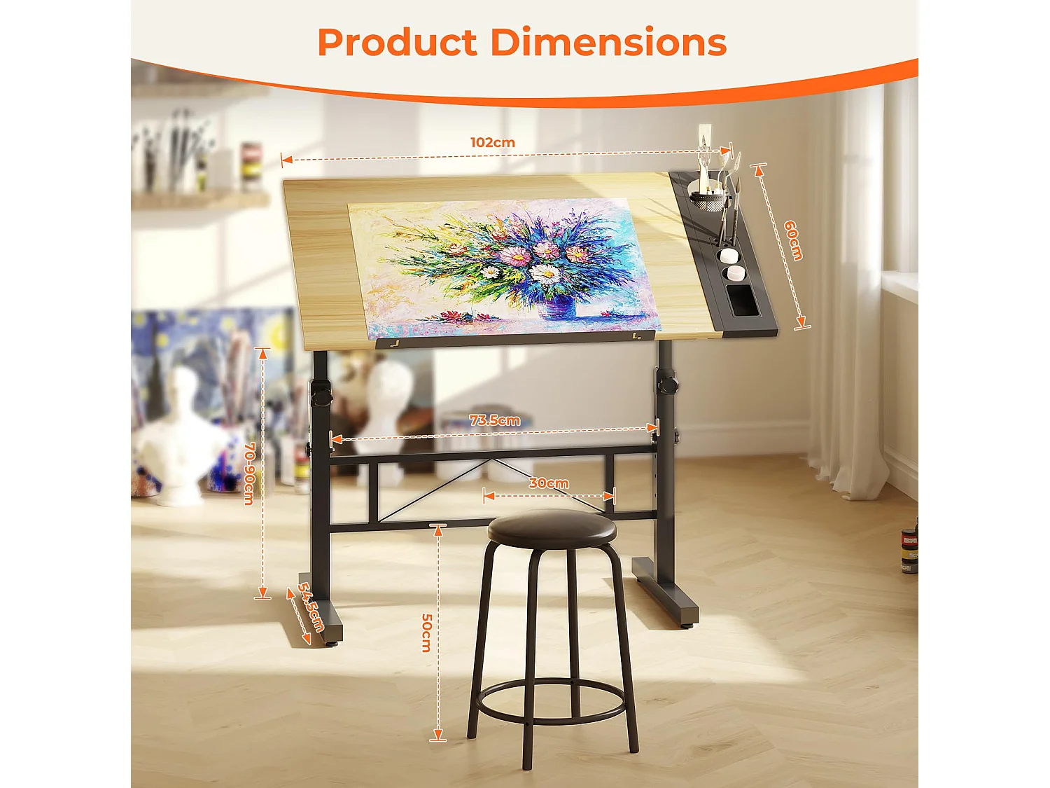 Houten kantelbare tekentafel met verstelbaar bureau van 0°-60° en kruk, ideaal voor tekenaar, architect, schilder of ingenieur, moderne stijl