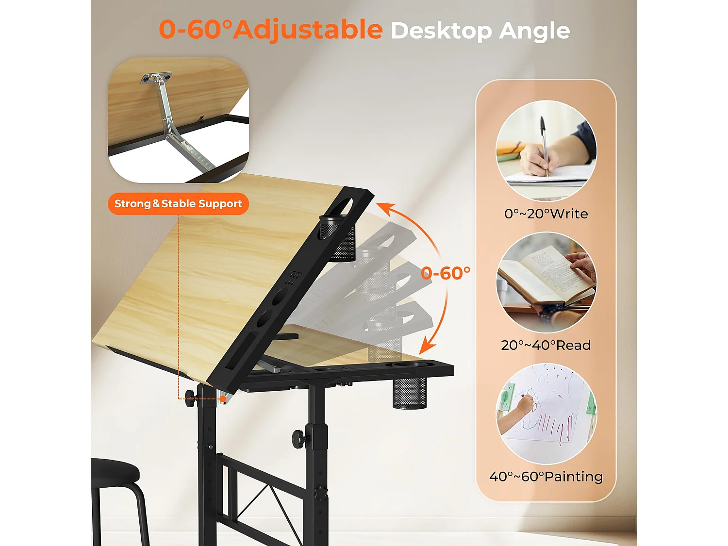 Houten kantelbare tekentafel met verstelbaar bureau van 0°-60° en kruk, ideaal voor tekenaar, architect, schilder of ingenieur, moderne stijl