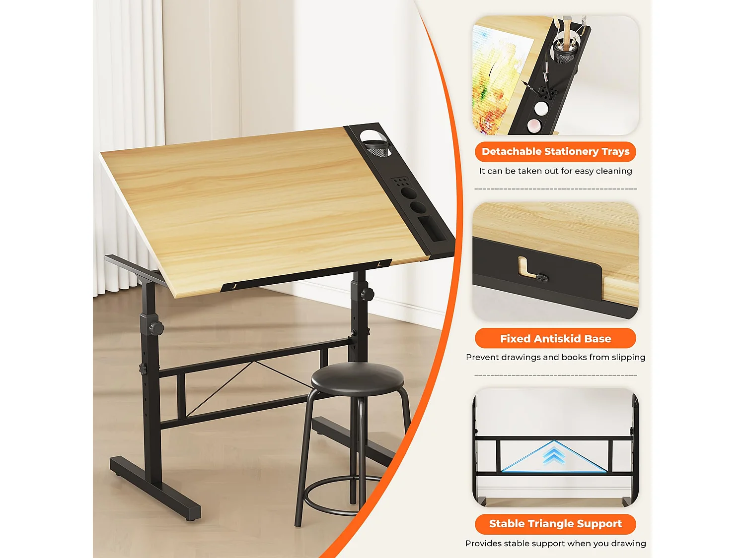 Houten kantelbare tekentafel met verstelbaar bureau van 0°-60° en kruk, ideaal voor tekenaar, architect, schilder of ingenieur, moderne stijl