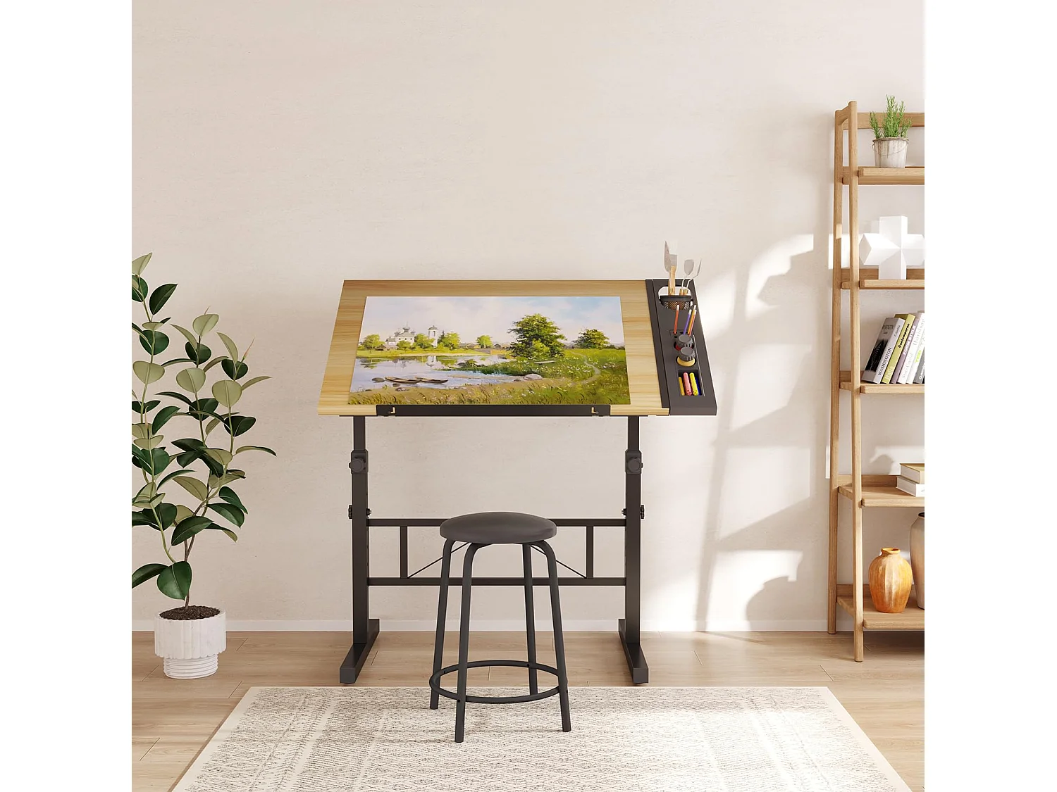 Houten kantelbare tekentafel met verstelbaar bureau van 0°-60° en kruk, ideaal voor tekenaar, architect, schilder of ingenieur, moderne stijl