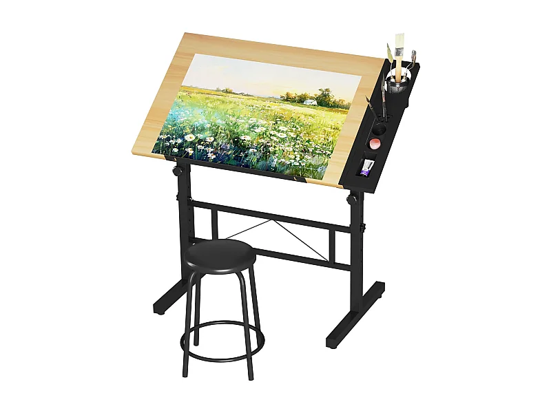 Tavolo da disegno inclinabile in legno con piano regolabile 0°-60° e sgabello, ideale per disegnatore, architetto, pittore o ingegnere, stile moderno
