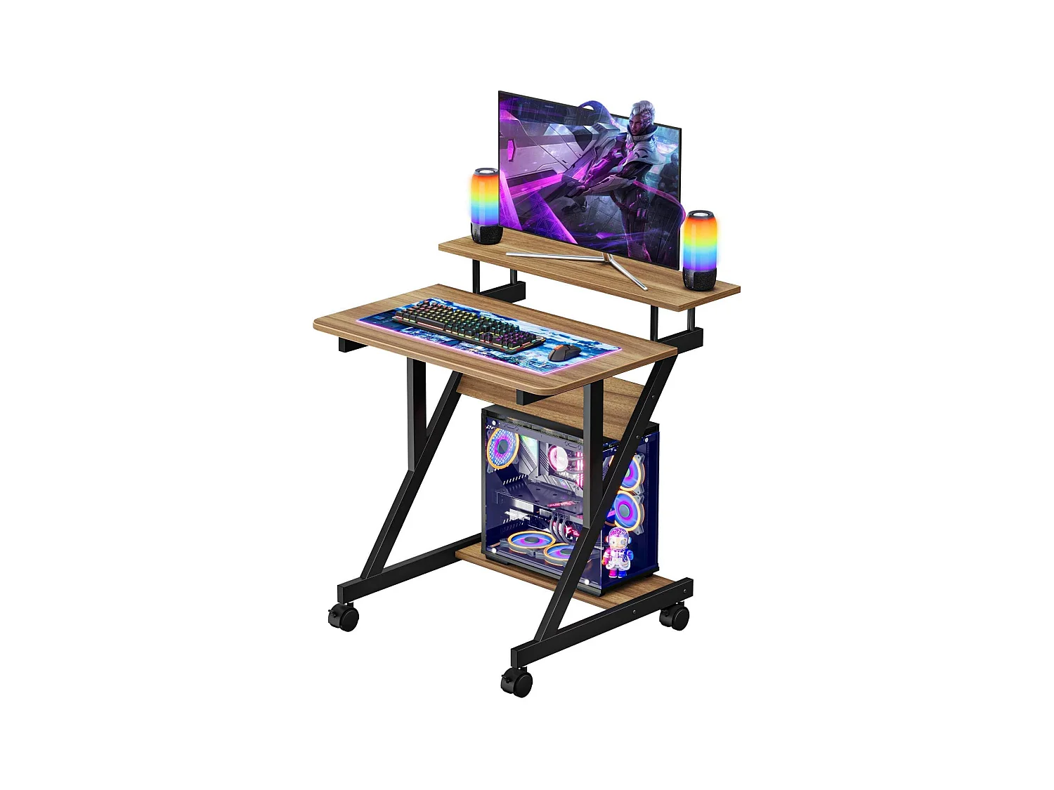 Scrivania per computer a Z con ruote, compatta 70x60x79 cm, ripiani integrati, facile da spostare, ideale per piccoli spazi, ufficio o studio