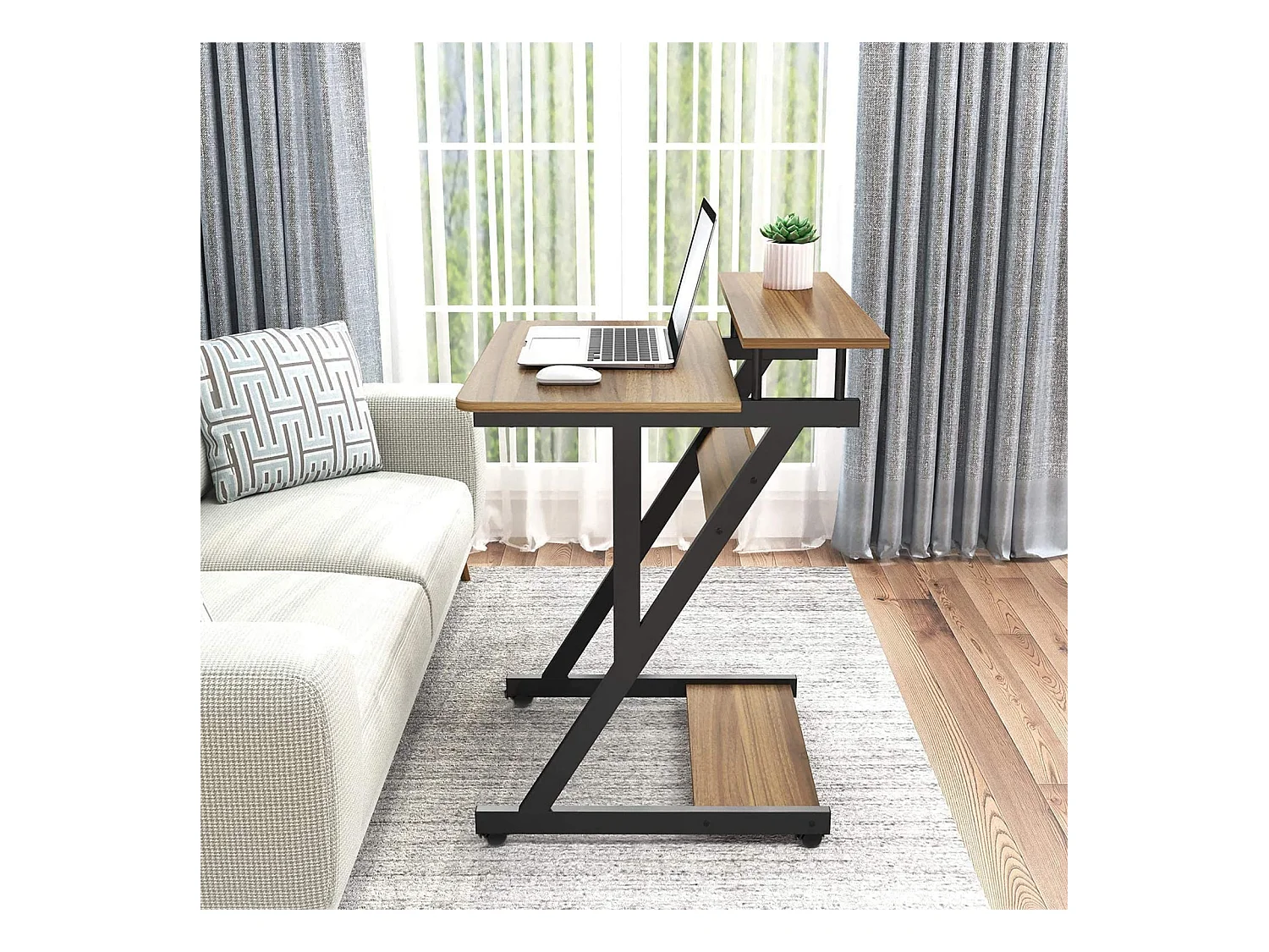 Scrivania per computer a Z con ruote, compatta 70x60x79 cm, ripiani integrati, facile da spostare, ideale per piccoli spazi, ufficio o studio