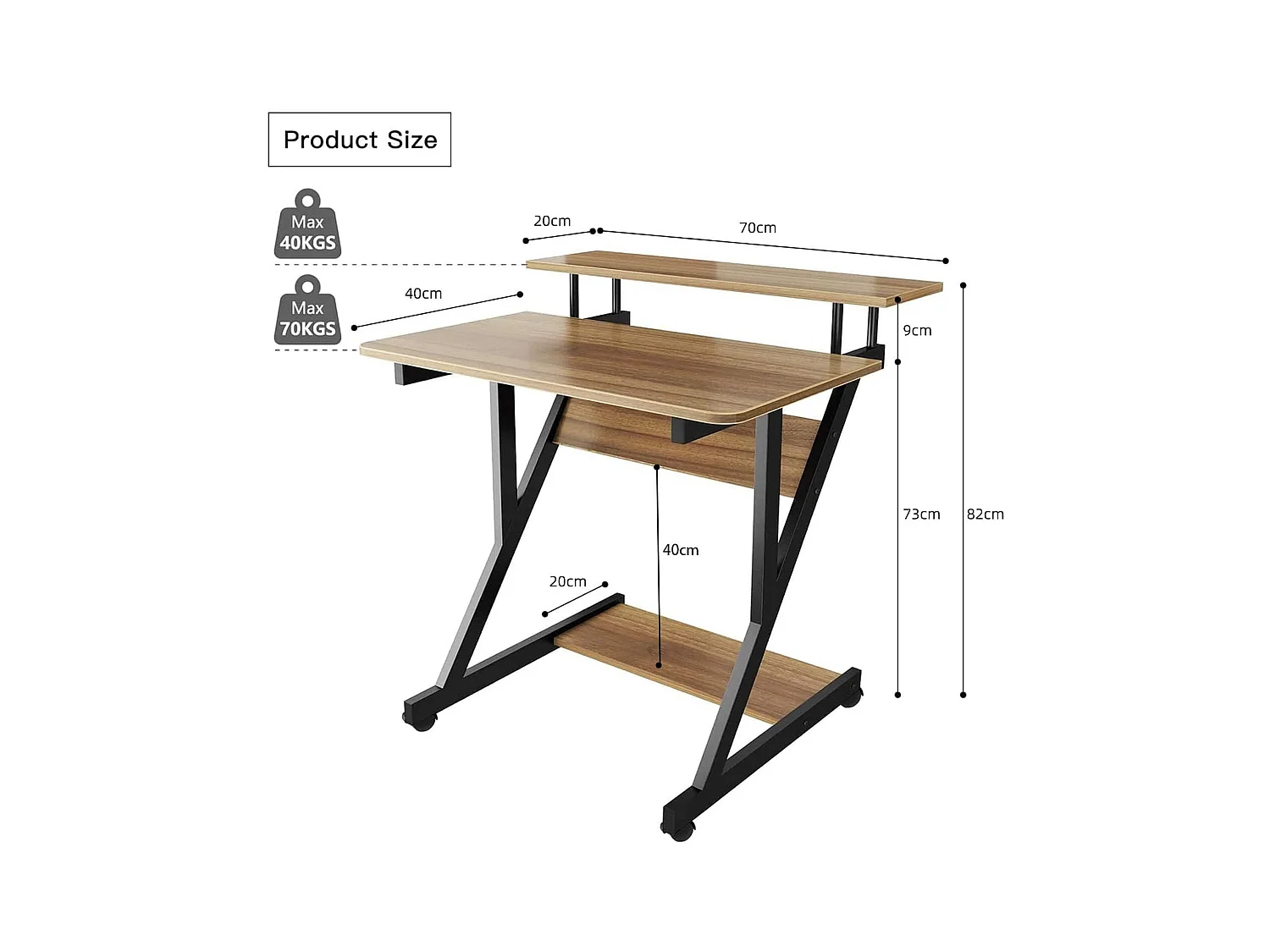 Scrivania per computer a Z con ruote, compatta 70x60x79 cm, ripiani integrati, facile da spostare, ideale per piccoli spazi, ufficio o studio