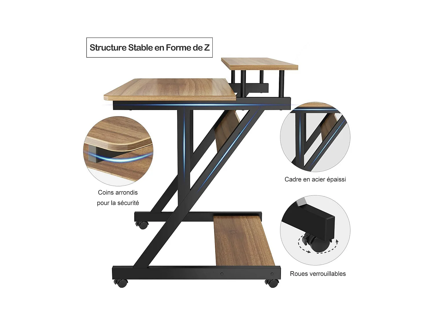 Scrivania per computer a Z con ruote, compatta 70x60x79 cm, ripiani integrati, facile da spostare, ideale per piccoli spazi, ufficio o studio