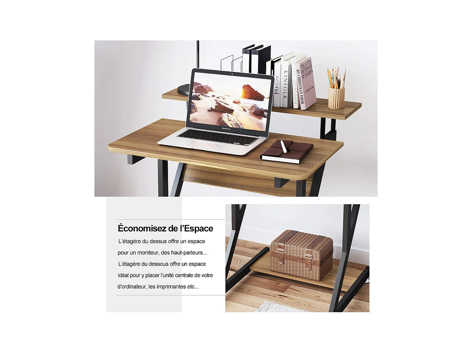 Scrivania per computer a Z con ruote, compatta 70x60x79 cm, ripiani integrati, facile da spostare, ideale per piccoli spazi, ufficio o studio