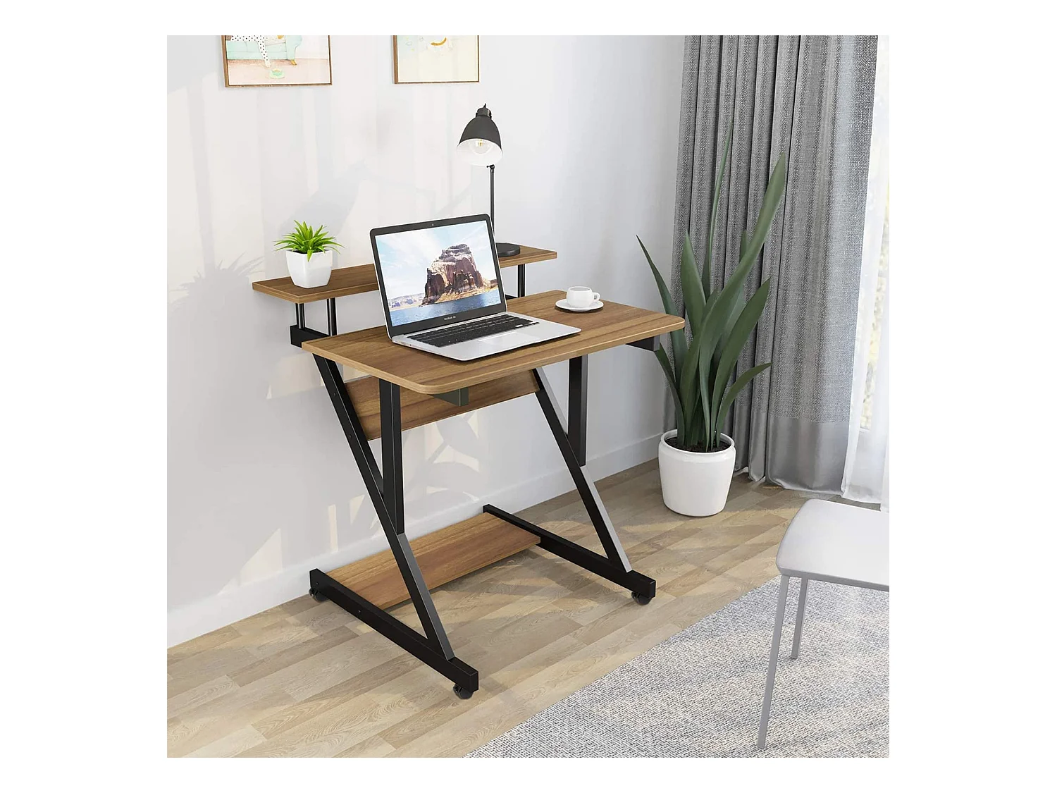 Scrivania per computer a Z con ruote, compatta 70x60x79 cm, ripiani integrati, facile da spostare, ideale per piccoli spazi, ufficio o studio