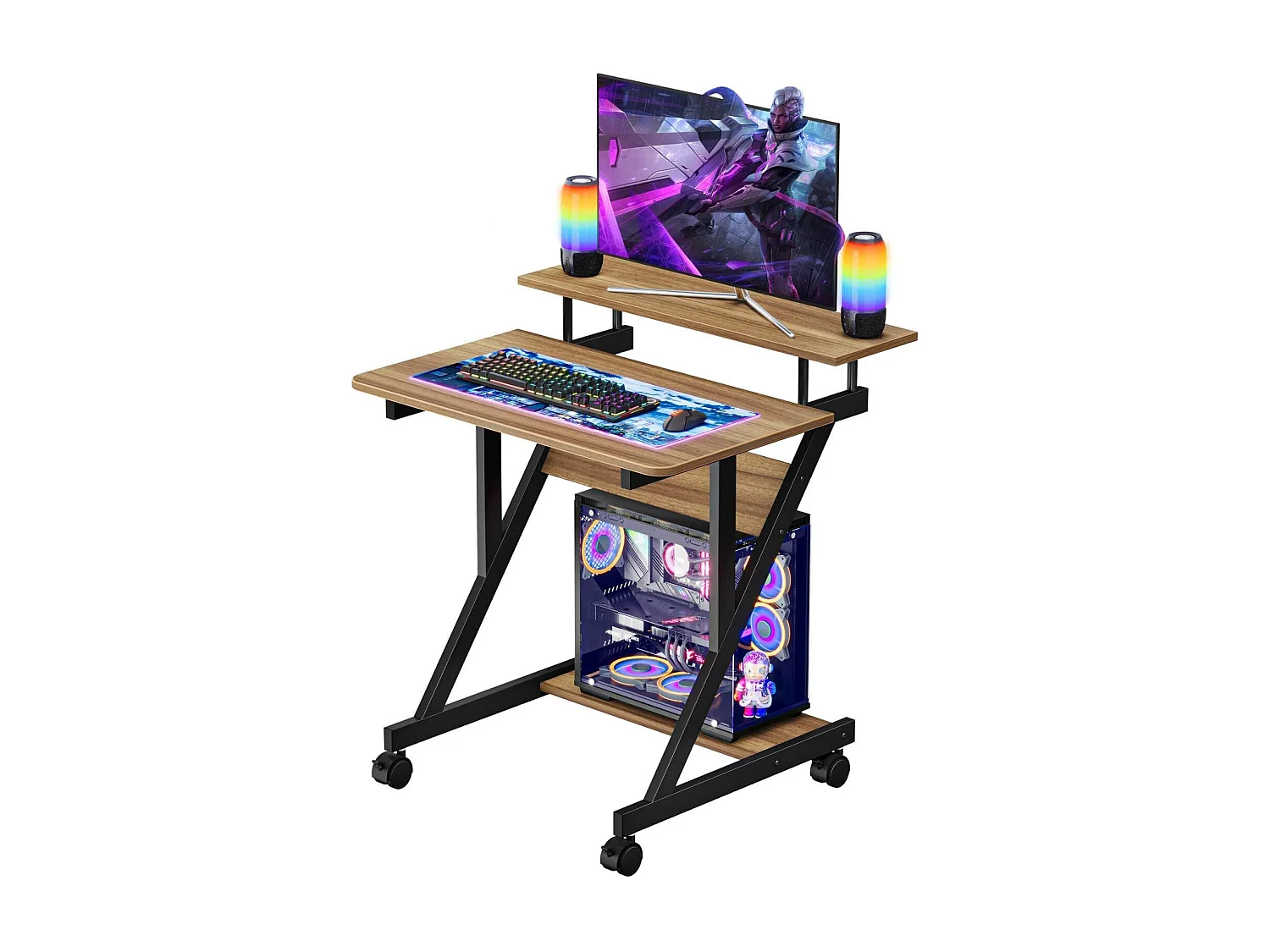 Bureau d'ordinateur en Z avec roulettes, compact 70x60x79 cm, étagères intégrées, facile à déplacer, idéal pour petit espace, bureau ou étude