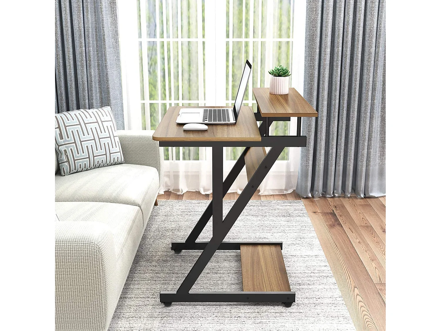 Bureau d'ordinateur en Z avec roulettes, compact 70x60x79 cm, étagères intégrées, facile à déplacer, idéal pour petit espace, bureau ou étude