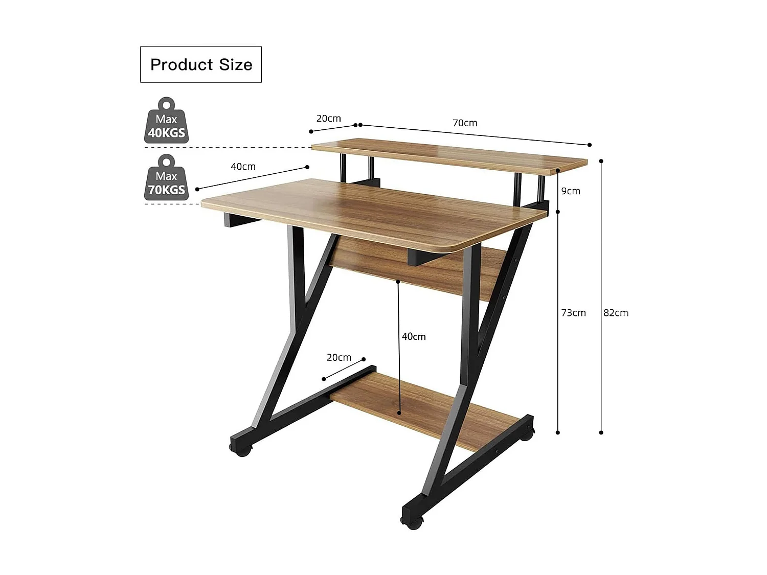 Bureau d'ordinateur en Z avec roulettes, compact 70x60x79 cm, étagères intégrées, facile à déplacer, idéal pour petit espace, bureau ou étude