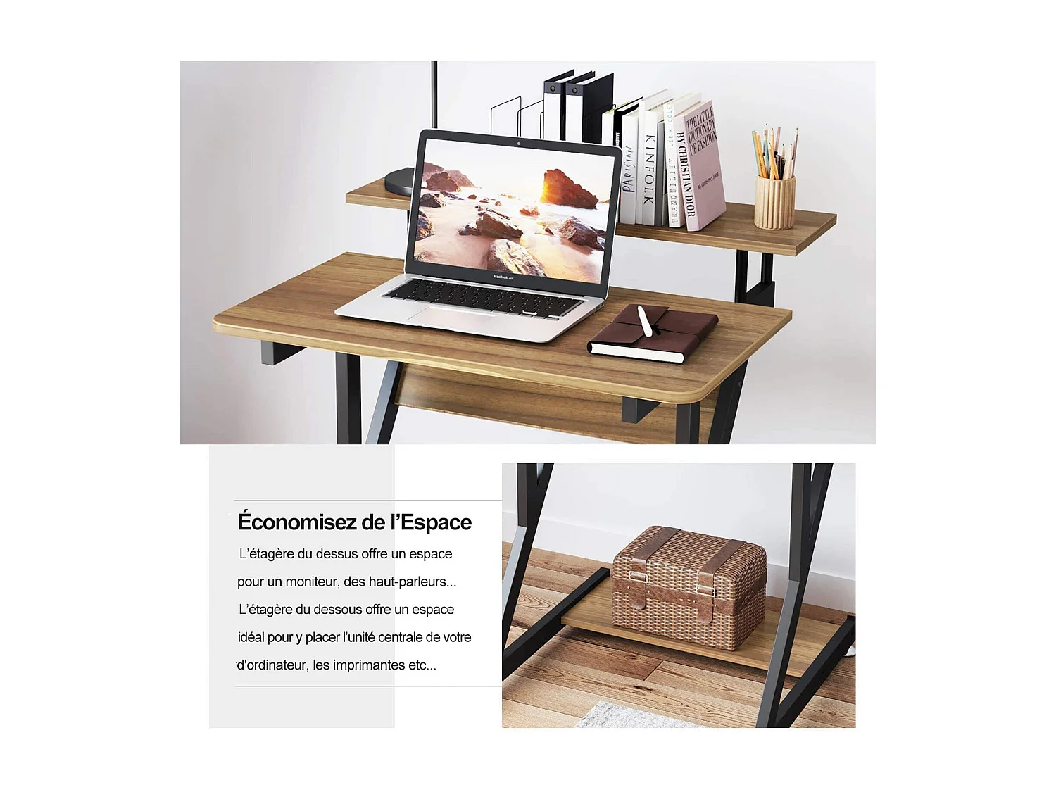 Bureau d'ordinateur en Z avec roulettes, compact 70x60x79 cm, étagères intégrées, facile à déplacer, idéal pour petit espace, bureau ou étude