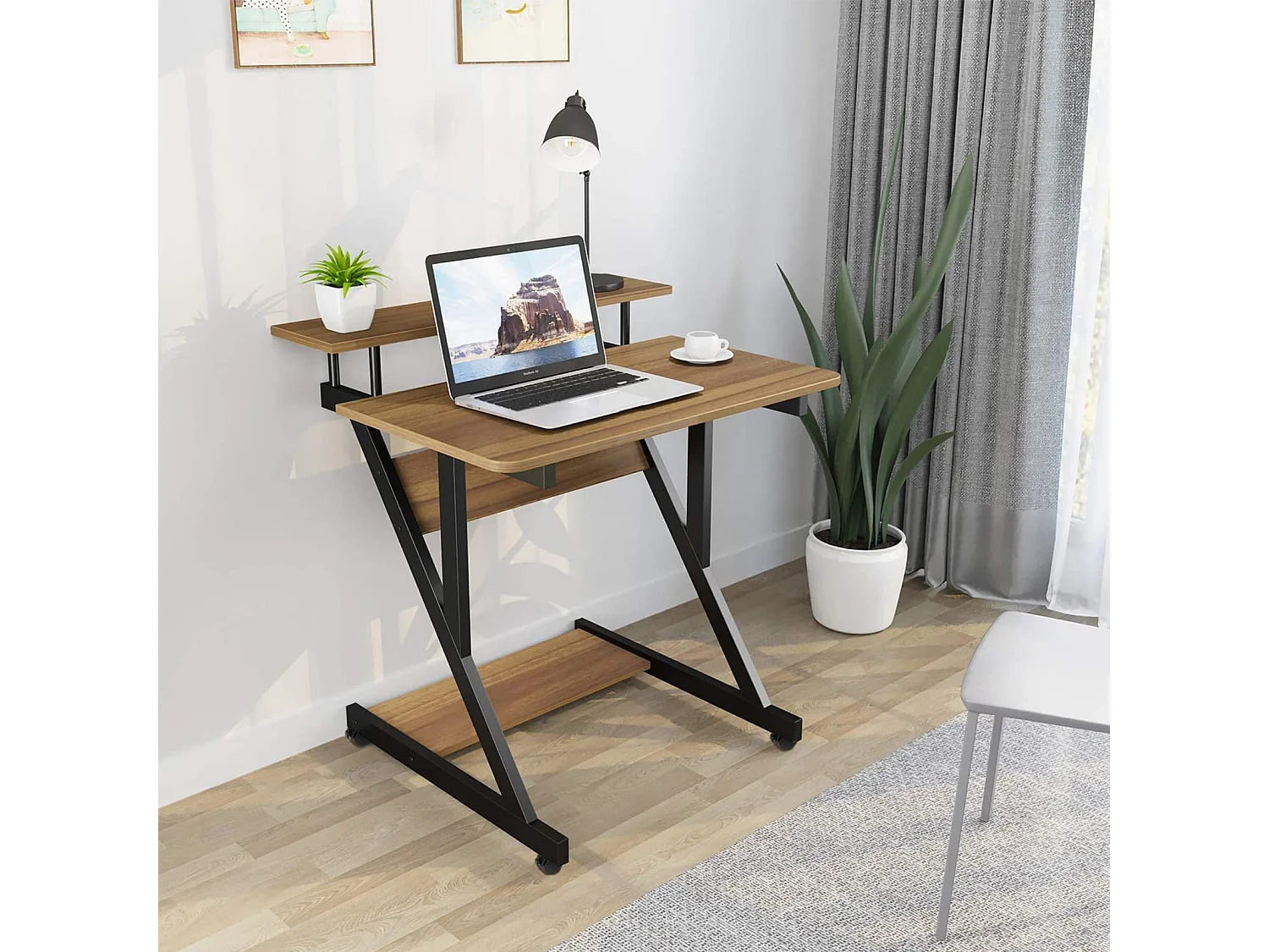 Bureau d'ordinateur en Z avec roulettes, compact 70x60x79 cm, étagères intégrées, facile à déplacer, idéal pour petit espace, bureau ou étude