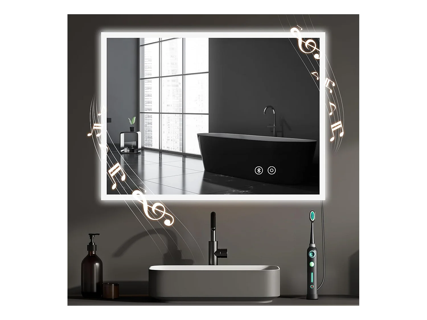 Miroir de Salle de Bain YOLEO avec Éclairage, Haut-parleur Bluetooth et Prise, Miroir LED Anti-Buée à Commande Tactile, 3 Couleurs de Lumière Réglables, 80 x 60 cm