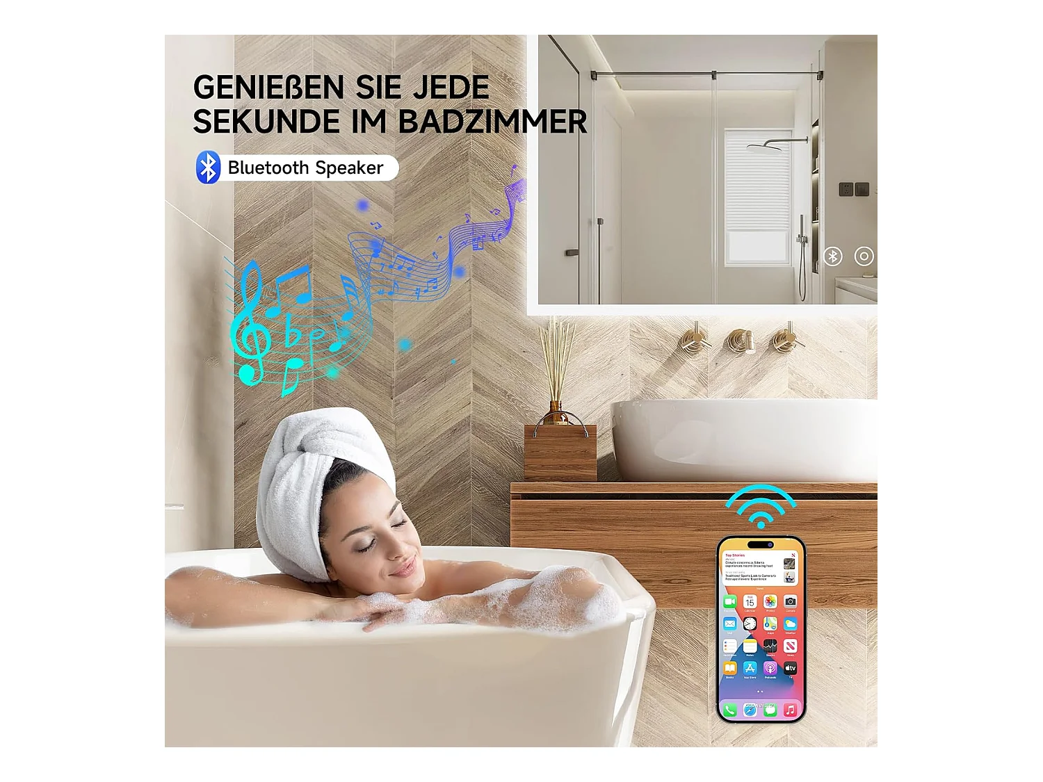 Miroir de Salle de Bain YOLEO avec Éclairage, Haut-parleur Bluetooth et Prise, Miroir LED Anti-Buée à Commande Tactile, 3 Couleurs de Lumière Réglables, 80 x 60 cm