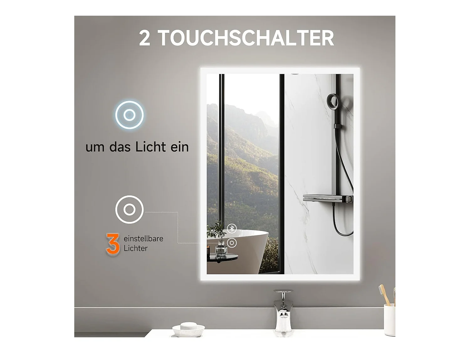 Miroir de Salle de Bain YOLEO avec Éclairage, Haut-parleur Bluetooth et Prise, Miroir LED Anti-Buée à Commande Tactile, 3 Couleurs de Lumière Réglables, 80 x 60 cm