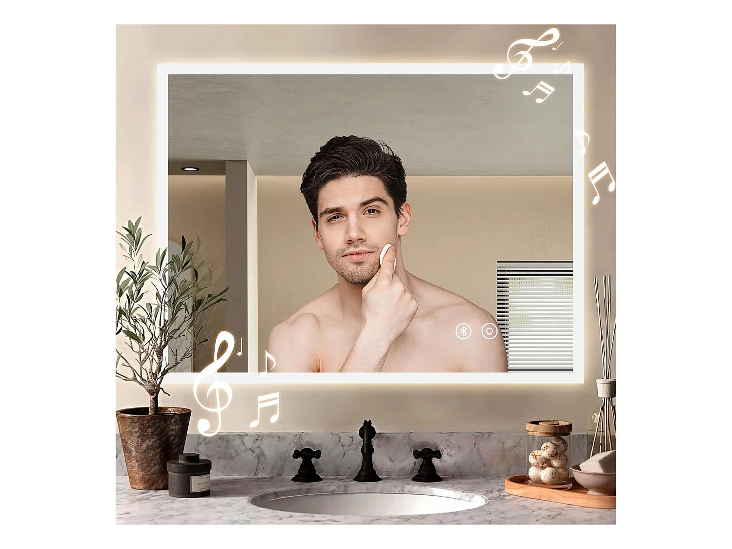 Miroir de Salle de Bain YOLEO avec Éclairage, Haut-parleur Bluetooth et Prise, Miroir LED Anti-Buée à Commande Tactile, 3 Couleurs de Lumière Réglables, 80 x 60 cm